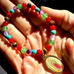 Our Lady Virgin of Guadalupe bracelet, Stretch Multi Stone Catholic ITALY 5491 P